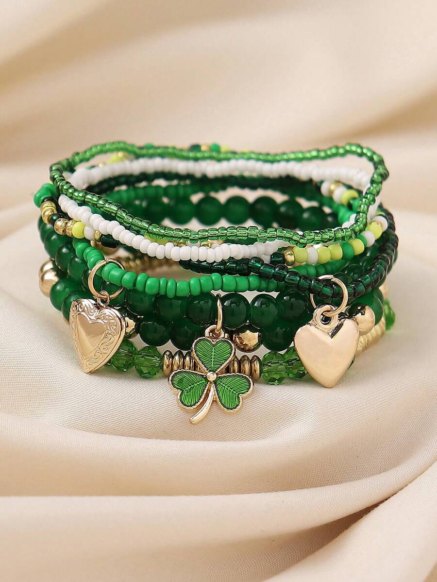 8pcs/Set Bohemian Clover Openable Box Heart Pendant Beaded Bracelet Stacking Bracelets, Suitable For Women Beach Holiday Casual Party Club Accessories - Green - View 1