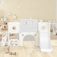 Scivolo 6 in 1 con uno scivolo, due piattaforme, due armadietti da pavimento, canestro da basket e scale - Polietilene ad alta densità (palle oceaniche non incluse)