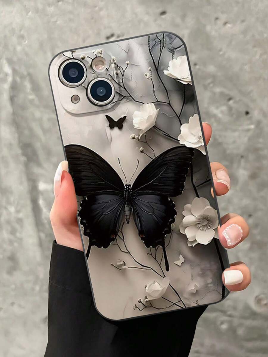 Precise Hole Straight-Edge Butterfly Black & White Painted Shockproof Phone Case Compatible With Iphone 14 Pro Max, 13, 11, XR, 7/8, Galaxy S24, A03s, A12, A32, A52, A72, S20 FE, S21, S22, Redmi 9, 9A, 10A, 10C, Note 9, 10, 11, 12, 12C Waterproof Anti-Fall Scratch Resistant