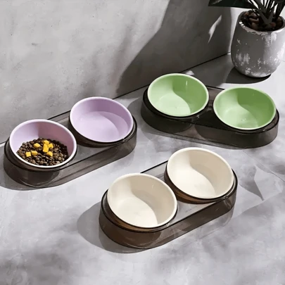 Elevated Double Bowl Pet Feeder - Plastic Raised Pet Food & Water Bowls With Non-Slip Base, Slanted Design For Easy Feeding, Suitable For Cats And Small Dogs