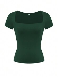 Vaiaye 女士纯色针织方领性感修身 Y2K 短袖 T 恤，春夏运动上衣，适合情人节穿着 - 綠色 - 查看 3