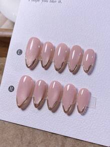 10款手工制作的杏仁形美甲贴片：紫色猫眼款，闪耀夺目；金色镜面粉法式美甲——可爱、精致、简约、时尚、高端