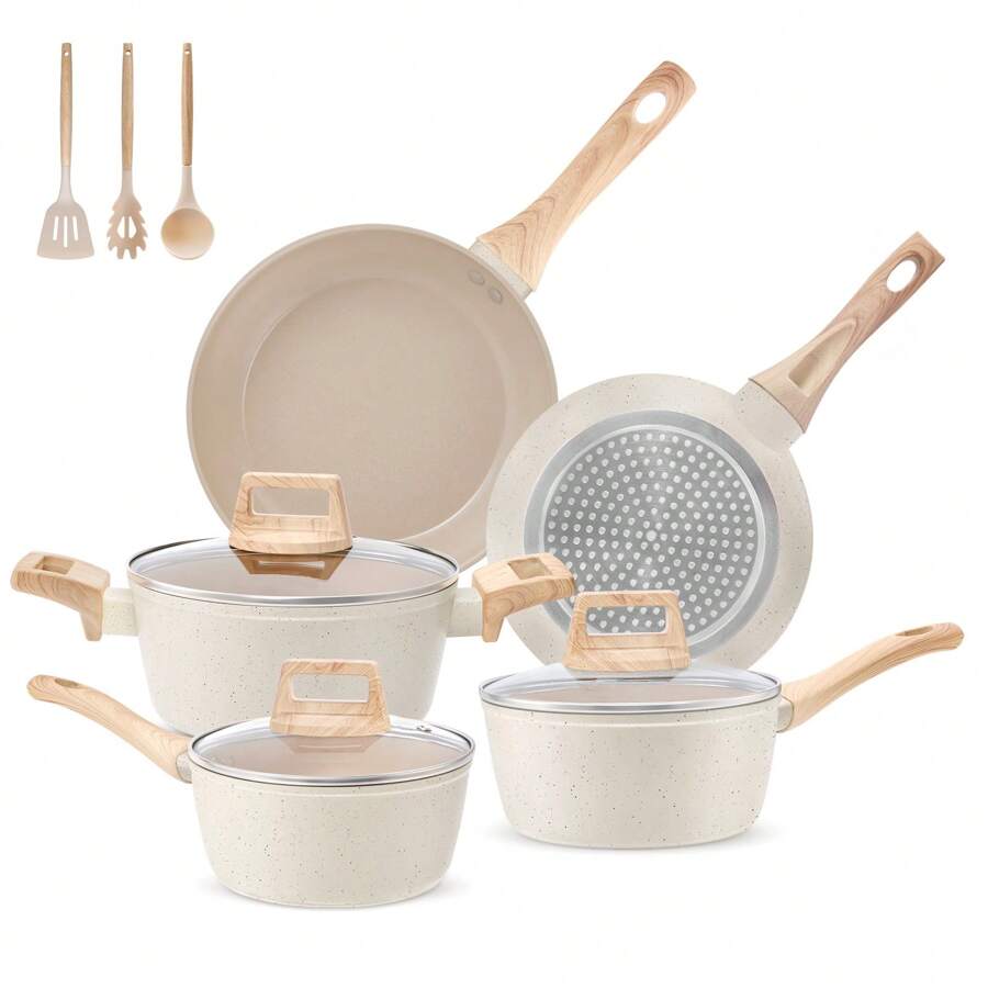 M MELENTA Pots And Pans Set Non Stick, 11 Piece Die-Cast Induction Hob Pan Set, Ceramic Cookware Set,Nonstick Cooking Sets With Frying Pans, Saucepan Set, Compact Size For 1-3 Persons Meal,Cream - 杏色 - View 1