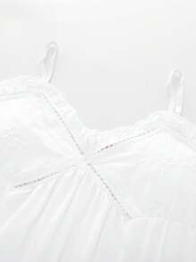 Women Lace Trim Sleeveless Nightgown Lounge Dress, Floral Lace Design Sexy Cute Casual Short Nightie, Suitable For Spring/Summer - White - View 4