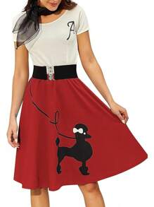 Women's Retro Poodle Printed Skater Skirt Retro High Waist Rock Swing T-Shirt Cocktail Party Dress - 紅色 - 查看 2
