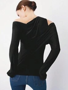 Damska modna seksowna jednokolorowa koszulka z długim rękawem i odkrytymi ramionami, dwuwarstwowa, z odkrytymi ramionami, na wiosnę/jesień