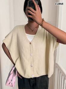大码女装春夏时尚休闲优雅简约通勤V领纯色毛衣背心早午餐 - 杏色 - 查看 2