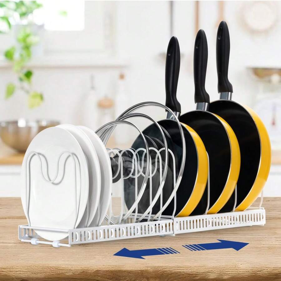 A Retractable Pot Rack With 13 Card Slots For Kitchen Storage, Capable Of Storing Pot Lids, Frying Pans, Dishes, Built-In Cabinet Pot Racks Under The Sink, Adjustable Pot Lid Storage Racks, Kitchen Accessories, Local Warehouse - 白色 - 查看 1