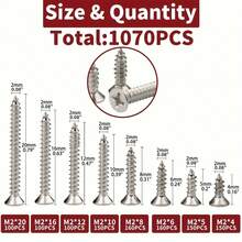 1070 件木螺钉组合套件，十字槽木螺钉套装，螺钉，平头什锦螺钉 M2 X 4/5/6/8/10/12/16/20 碳钢镀镍