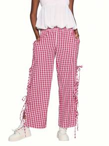 Women Y2K Wide Leg Gingham Pants Elastic High Waist Side Tie Loose Fit Plaid Trouser Lounge Pants