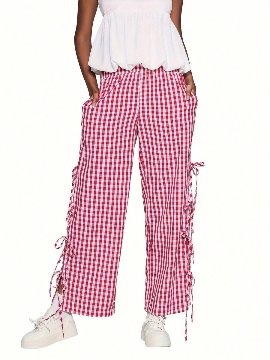 Women Y2K Wide Leg Gingham Pants Elastic High Waist Side Tie Loose Fit Plaid Trouser Lounge Pants