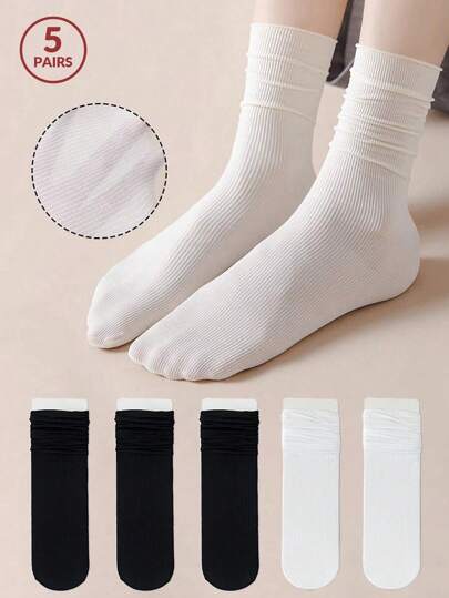5 Pairs Women's Black & White Thin Ice Silk Socks, Summer Fashionable Accessory To Match With Loafers & Create Sweet And Versatile Style (Without Cardboard), Fall Socks
