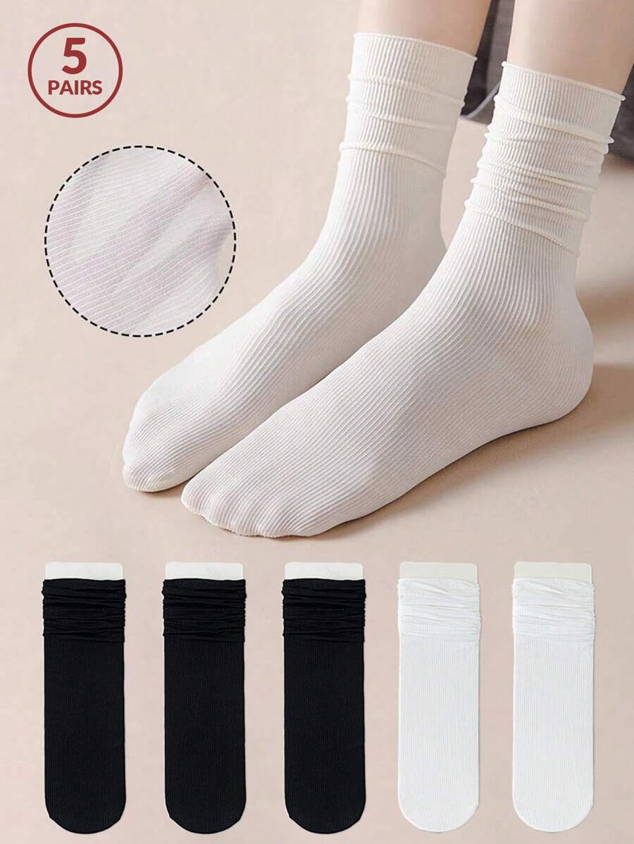 5 Pairs Women's Black & White Thin Ice Silk Socks, Summer Fashionable Accessory To Match With Loafers & Create Sweet And Versatile Style (Without Cardboard), Fall Socks - Multicolor - View 1