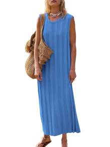 Vestido largo de verano sin mangas con escote redondo y punto acanalado para mujer de Larisa