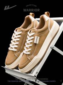 1 双男士前系带休闲帆布鞋，舒适平底时尚百搭运动鞋，适合户外、散步、运动装 - 棕色 - 查看 5