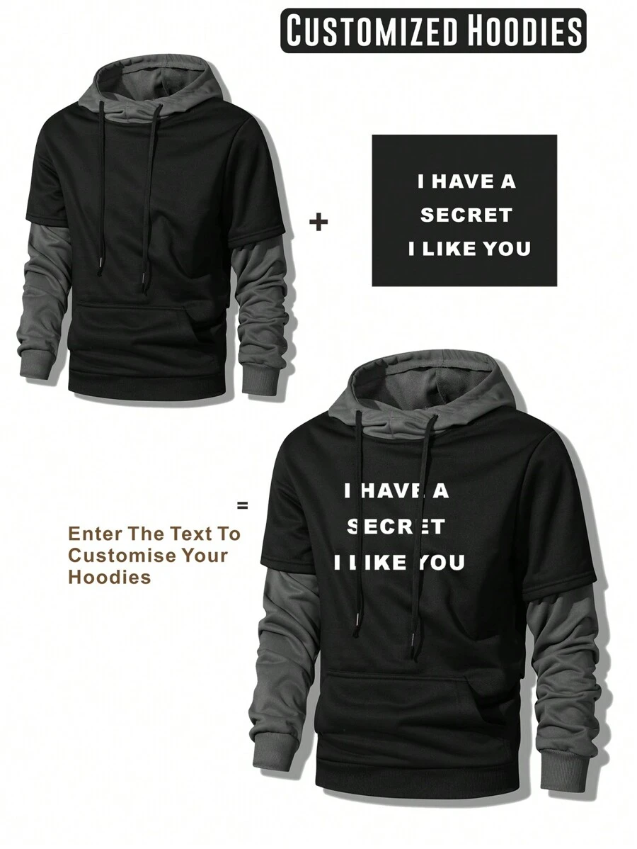 Customized Hoodie, Boyfriend Style Casual Loose Men's Hoodies, Personalized Text/Logo/Print Design Hoodie - Add Your Own Text, Logo, Design, Boyfriend Gift, Boyfriend Style Customized Gift, Birthday Customized Gift, Holiday Customized Gift - Black - View 1