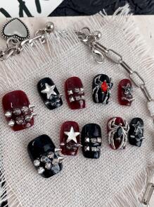 10Pcs Handmade Punk Rivet 5-Pointed Star & Spider Detachable Reusable False Nails, Comes With Nail Glue & Files Press On Nails Nail Supplies Nails - Multicolor - View 4