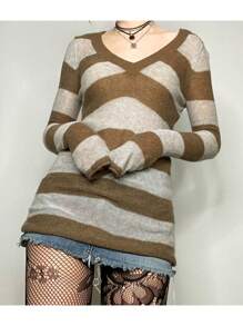 Women Y2k Fairy Grunge Striped Knitted Sweater Dress Gothic Long Sleeve V Neck Knit Striped Knitwear Tops Mini Dress Slim Fit Vintage Aesthetic Clothes E-Girl Streetwear - 棕色 - 查看 1