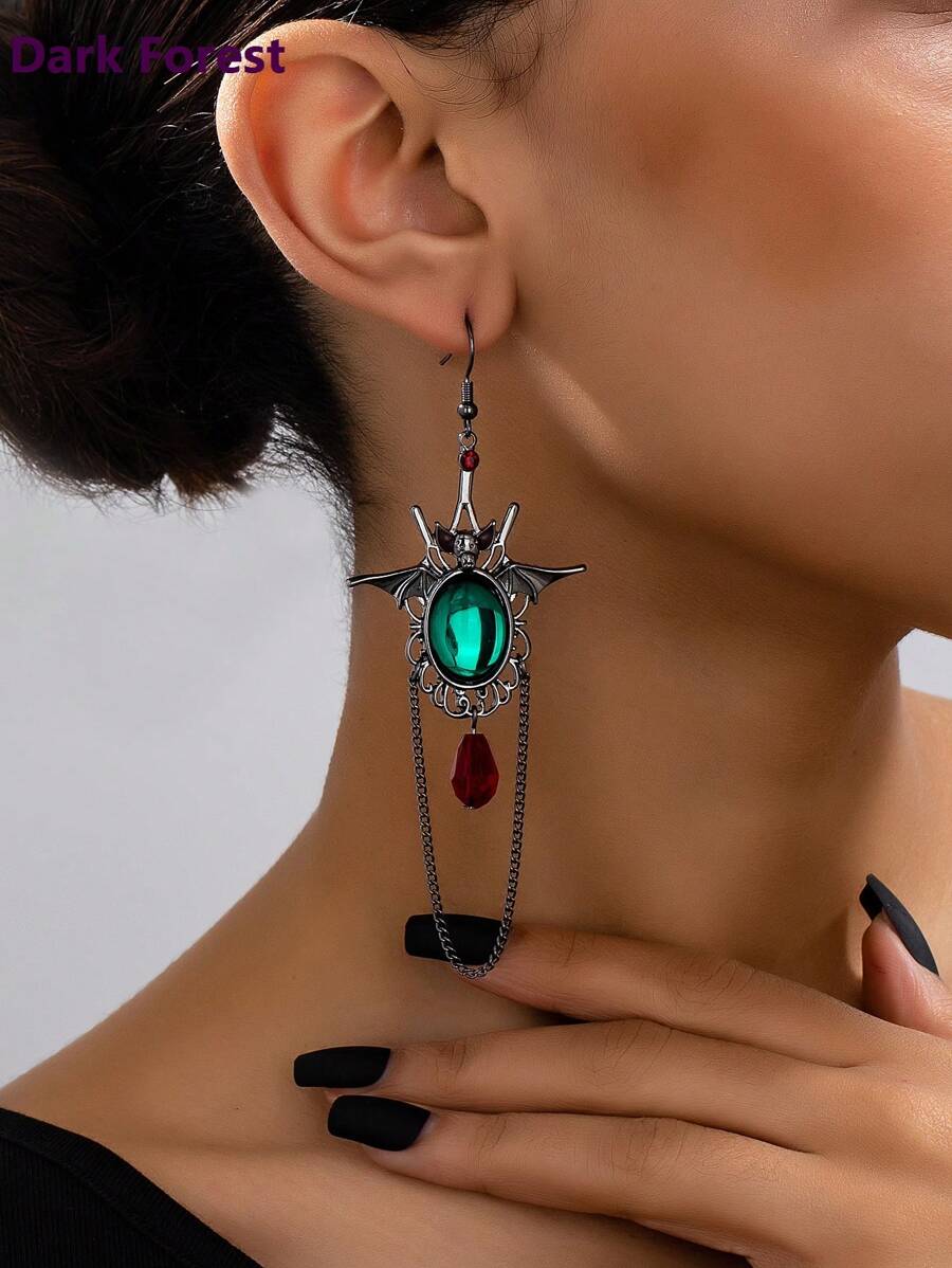 1 Cặp Hoa tai thời trang phong cách Gothic dành cho nữ, hợp kim hình dơi với hạt thủy tinh hình giọt nước Acrylic, thích hợp cho các bữa tiệc, ngày lễ và Halloween - bông tai dơi - Xem 1