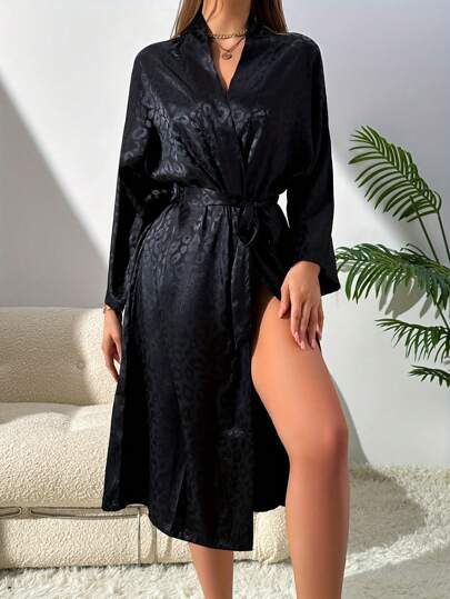 1pc Women Elegant Jacquard Leopard Print Silk Robe Loungewear, Comfortable Satin Belted Long Bathrobe Suitable For Home Wear, All Season, Fall