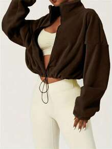 Women's Fleece Zip-Up Drawstring Waist Casual Sweatshirt, Elegant And Comfortable - Coffee Brown - View 5