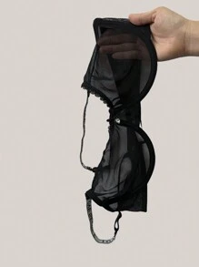 女士黑色性感透视舒适网眼内衣文胸简约透气内衣文胸亲肤可调节字母肩带 - 黑色 - 查看 2