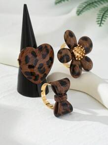 3 Stück übertrieben breite Ringe mit niedlichen Blasenblumen, Herzen, Schleifen und einzigartigem Leopardendruck Acryl mit Holzmaserung, vielseitiger Alltagsstil für Frauen, Feiern und Geschenke für die Freundin am Valentinstag (Leopardenmuster, Farbe und Anordnung sind zufällig)