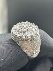 European And American Hip-Hop Style 3-Circle Zirconia Unique Ring, Shiny Brass Fully Zirconia Hiphop Jewelry