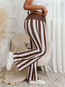Plus Size Women's Wide Leg Striped Print Casual Pants, Long Length - Brown - View 6
