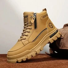 1 Pair Men's Casual Mid-Calf Boots - Solid Color Faux Leather Upper, Fabric Lining, PVC Sole, Round Toe Lace-Up Design, Suitable For Spring And Autumn