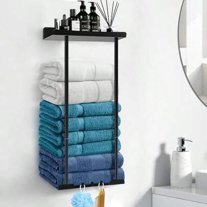 מתלה מגבות ללא קידוח - מחזיק מגבות דביק עם מדף, מתלה מגבות לחדר האמבטיה, ניתן להדבקה על קיר חדר האמבטיה