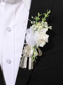1PC męska butonierka butonierka ze szpilką złote liście wstążki sztuczne perły butonierka szpilka do garnituru ślub pan młody drużba broszka róża butonierka na ślub powrót do domu prom garnitur wystrój - Wielokolorowe - Zobacz 2