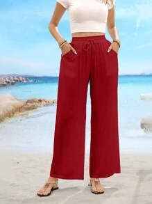 Solid Color Drawstring Waist Slant Pocket Casual Straight Leg Pants - Red - View 6
