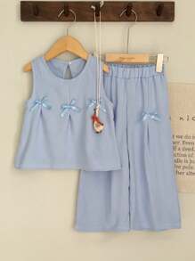 少女夏季休闲平纹针织蝴蝶结背心和裤子两件套 - 藍色 - 查看 3