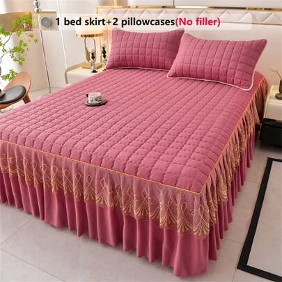 3 st/set Borstad quiltad sängkjol (1 st sängkjol + 2 st örngott), spetsdekor, fashionabla och eleganta, fuktavledande Andas Skrynkeltålig, avtagbart madrassöverdrag
