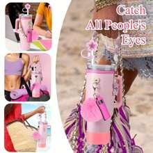 8 件兼容 杯配件，硅胶运动水壶配件套装适用于带手柄的 40 盎司 30 盎司玻璃杯 - 包括水壶手柄带、支架、保护套、钥匙扣饰物、吸管盖 - 紫色 - 查看 9