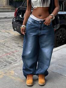 女士度假风 Y2K 水洗做旧阔腿牛仔裤，休闲春季款 - 中等水洗藍 - 查看 4