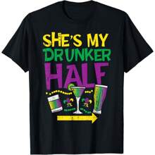 She's My Drunker Half Matching Couple Boyfriend Mardi Gras T-Shirt, Oversized Short Sleeve Classic Heavy Cotton T Shirt Printed Graphic Tee Men Women's Casual Short-Sleeved Top - 黑色 - 查看 1