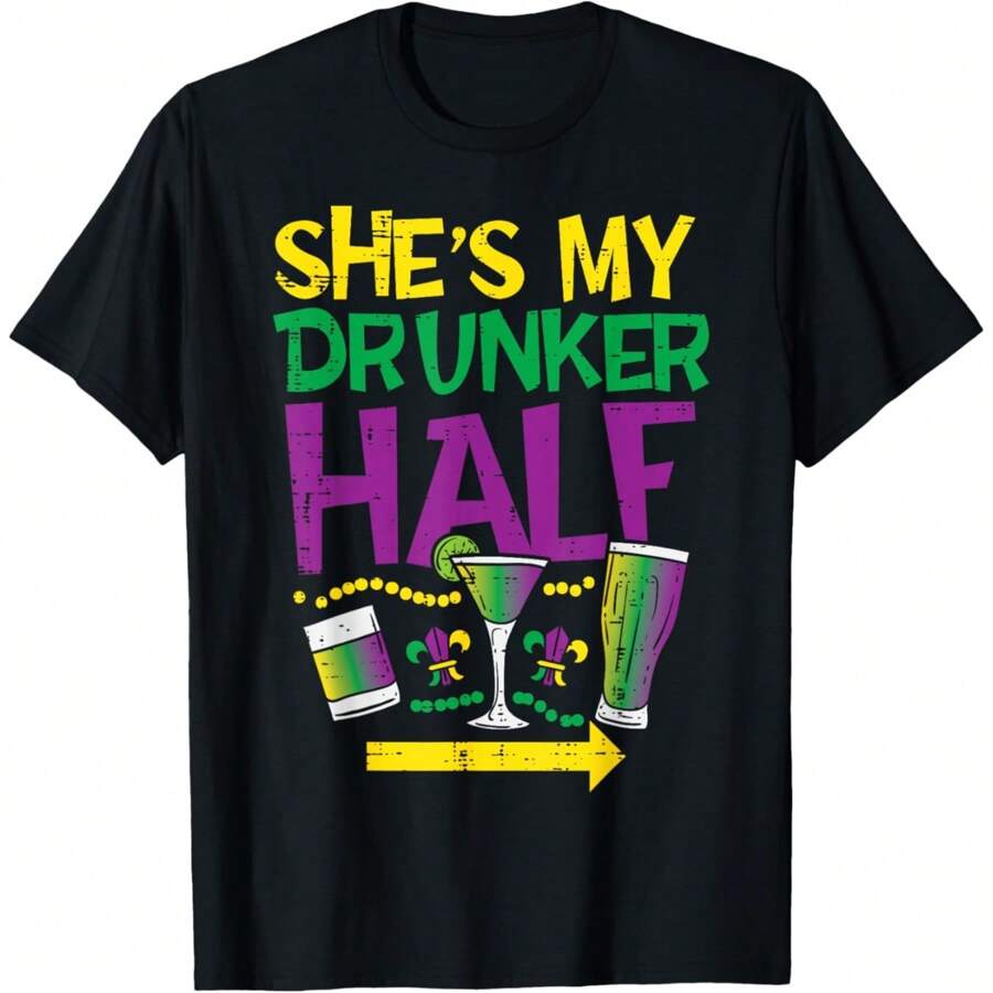 She's My Drunker Half Matching Couple Boyfriend Mardi Gras T-Shirt, Oversized Short Sleeve Classic Heavy Cotton T Shirt Printed Graphic Tee Men Women's Casual Short-Sleeved Top - 黑色 - 查看 1