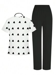 cimmuovere Valentine's Day Heart Print V-Neck Dual Pocket Short Sleeve Breathable Top + Dual Pocket Elastic Waist Loose Solid Color Casual Pants, Scrub Uniforms Nurse Scrub Uniforms Workwear Dentist Healthcare Pet Hospital Laboratory Set - Black and White - View 2