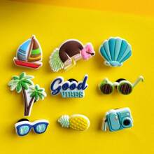 9pcs Summer Beach Surfing Sandal Decorative Charms, PVC Soft Shoe Clips Accessories