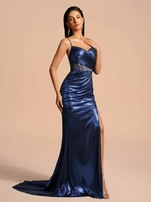 Romantisches Spaghettiträger Taille plissiertes Bindeband Schlitz Party Kleid - marineblau - Übersicht 6
