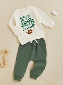 Toddler Boy Fall Clothes Letter Print Long Sleeve Sweatshirt With Solid Color Pants 2Pcs Outfits - Apricot - View 5