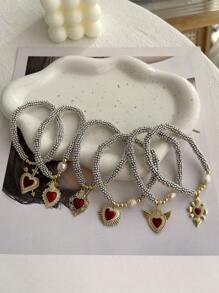 1件创意时尚个性化设计优雅轻盈奢华铜镶嵌锆石不对称水滴心形串珠养殖珍珠手链，适合女性、姐妹、情侣、毕业礼物，也是情人节、日常聚会、节日、圣诞节的理想之选。