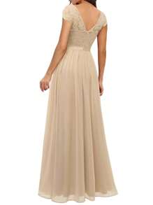 Women's Long Evening Dress, Solid Color Lace Patchwork Backless V Neck Elegant Dress, Simple One-Piece Clothes - 香檳色 - 查看 5