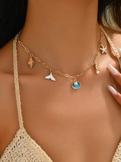 1 件时尚彩色珐琅海景吊坠项链，适合日常佩戴、海滩旅行和摄影