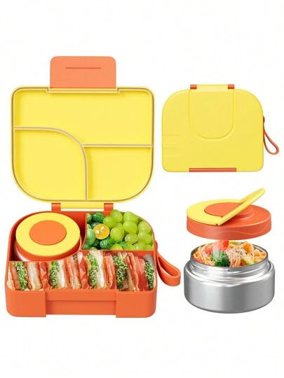 Bento Lunch Box With 9oz Soup Thermo, Leakproof Lunch Food Containers With 3 Compartment, Thermo Insulated Hot Food Jar For School, Office, Travel, And Picnics