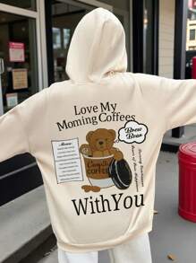 Casual Kangaroo Sweatshirt With Coffee Bear Slogan Print - 杏色 - 查看 5