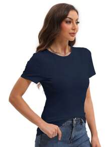 Teesod Women's Crew Neck Basic Solid Active Soft Short Sleeve Top T-Shirts - 海軍藍 - 查看 4