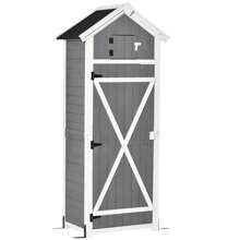 Outsunny Outsunny Gartenschrank Holz Gerätehaus mit Tür Dach Geräteschuppen mit Hacken Gartenlagerschrank  faltbarer Tisch Outdoor Grau 78 x 52,5 x 182 cm